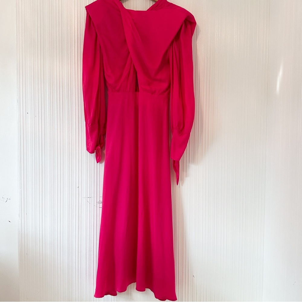NEW! Farm Rio x Anthropologie Maxi/Midi Pink/ Long-Sleeve Cutout/Keyhole Satin - Picture 8 of 15